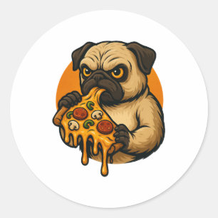 Pegatina Redonda Pug divertido con pizza comida italiana cartoon