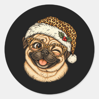 Pegatina Redonda Pug divertido de Navidad con sombrero de Santa leo