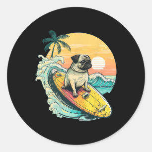 Pegatina Redonda Pug Divertido Surf en la Playa Amante de las Masco