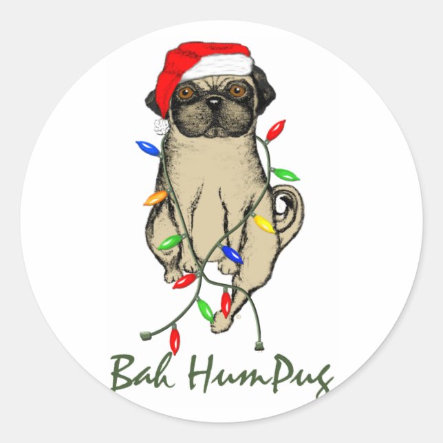 Pegatina Redonda Pug Dog Bah Humpug Navidades graciosos (Anverso)