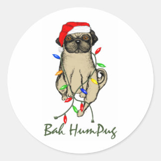 Pegatina Redonda Pug Dog Bah Humpug Navidades graciosos