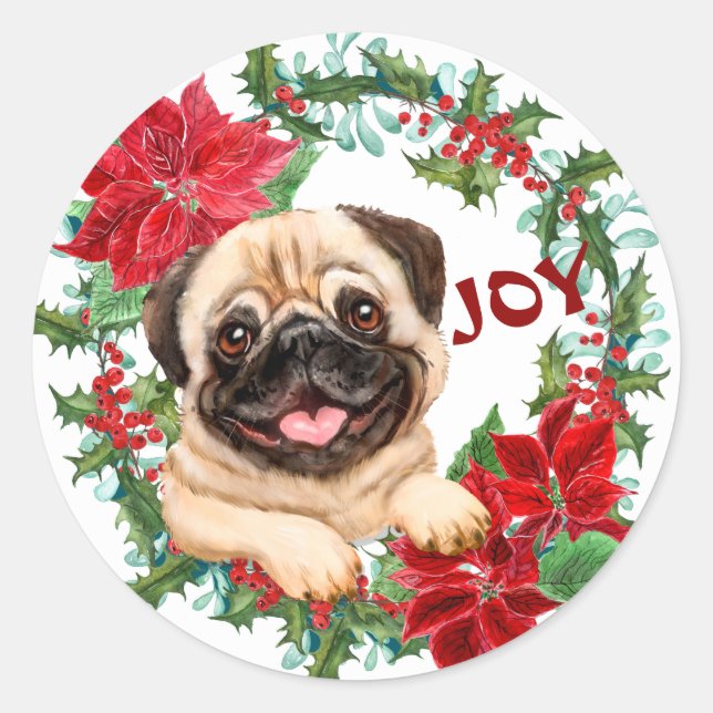 Pegatina Redonda Pug Dog Joy Poinsettia Navidades Wreath (Anverso)