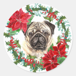 Pegatina Redonda Pug Dog Poinsettia Holly Navidades Wreath