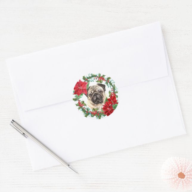 Pegatina Redonda Pug Dog Poinsettia Holly Navidades Wreath (Sobre)
