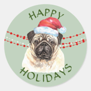 Pegatina Redonda Pug Dog Santa Hat Felices Fiestas