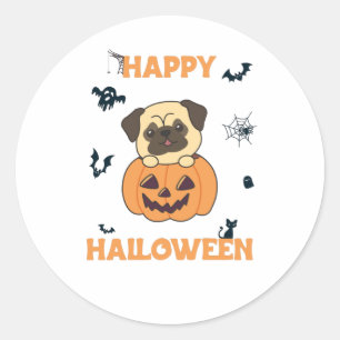 Pegatina Redonda Pug En Calabaza Dulces Perros Feliz Halloween