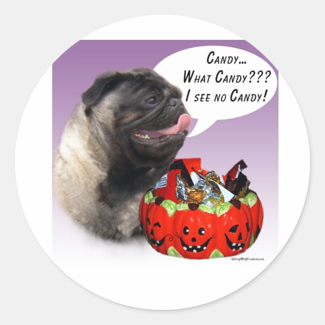 Pegatina Redonda Pug (flauta) Halloween Candy (Anverso)