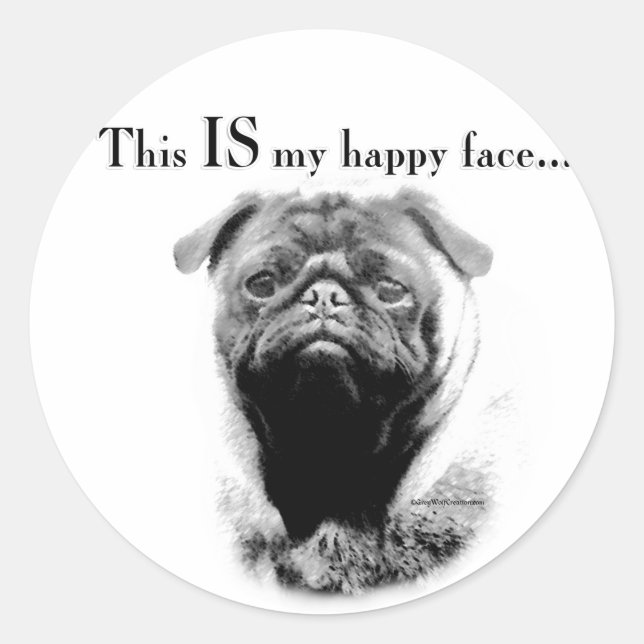 Pegatina Redonda Pug Happy Face (Anverso)