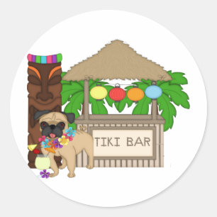 Pegatina Redonda Pug hawaiano en el Personalizable de bar Tiki, reg