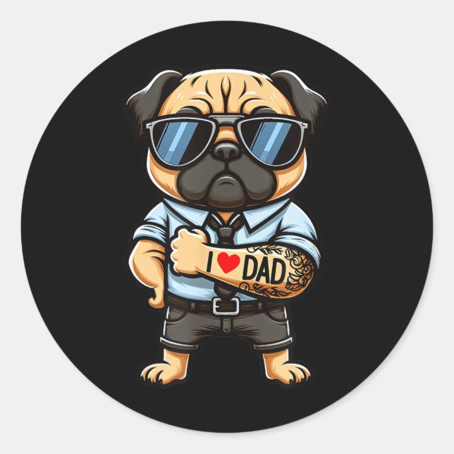 Pegatina Redonda Pug I Love Dad Funny Dog Tattoo (Anverso)