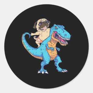 Pegatina Redonda Pug montando T-rex surfista Dinosaurio Amante de l