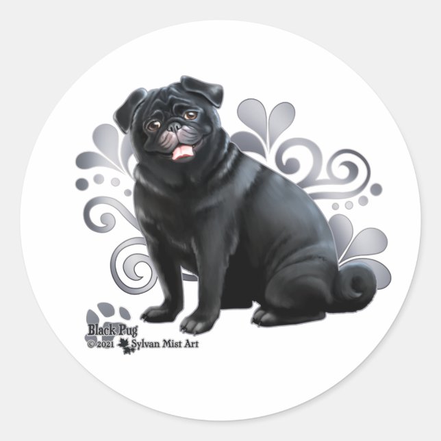 Pegatina Redonda Pug negro (Anverso)