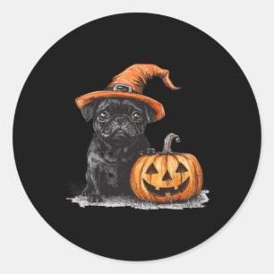 Pegatina Redonda Pug Negro Con Gorra De Brujas Y Calabaza Halloween