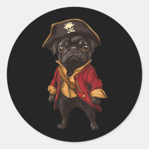 Pegatina Redonda Pug negro disfrazado de pirata Perro Pug divertido