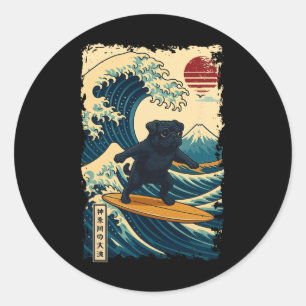 Pegatina Redonda Pug negro Ola japonesa de Kanagawa Surf Japon Mama