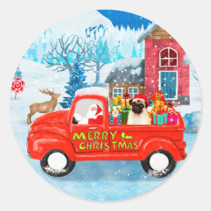 Pegatina Redonda Pug Perro Camión de entrega de Navidad Nieve