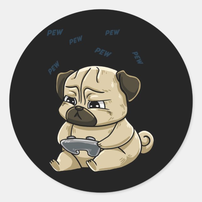 Pegatina Redonda Pug Pew Gamepad Cute Hob (Anverso)