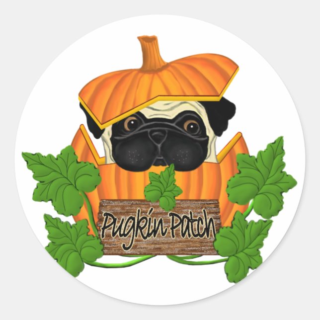 Pegatina Redonda Pug Pumpkin Patch (Anverso)