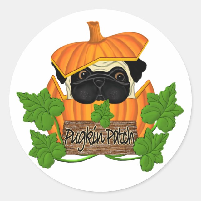 Pegatina Redonda Pug Pumpkin Patch (Anverso)