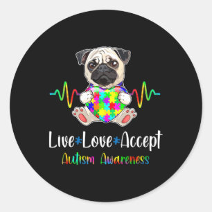 Pegatina Redonda Pug Puzzle Piece Live Love Acepta Autismo Concienc