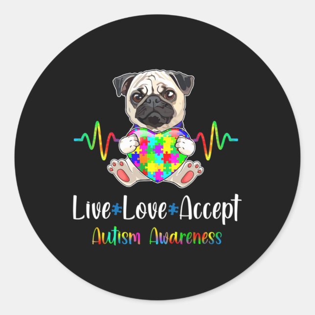 Pegatina Redonda Pug Puzzle Piece Live Love Acepta Autismo Concienc (Anverso)