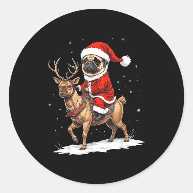 Pegatina Redonda Pug Santa Riding Reindeer Christmas Holiday Puppy  (Anverso)