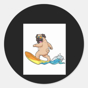Pegatina Redonda Pug Surfing Surfing Surfboard Pug con lentes