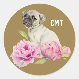 Pegatina Redonda Pug y peonías   Arte de perros   Monograma