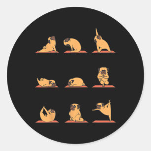 Pegatina Redonda Pug Yoga Posturas de Yoga para Cachorros y Meditac