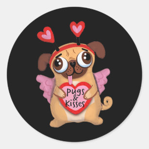 Pegatina Redonda Pugs Valentine Cupid Pug Kiss Valentine Pug Love