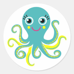 Pegatina Redonda Pulpo azul y amarillo