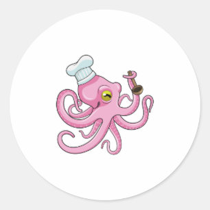 Pegatina Redonda Pulpo como cocinero con cuchara de madera