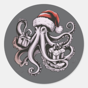 Pegatina Redonda Pulpo de Navidad Gorro de Santa Claus Navidad
