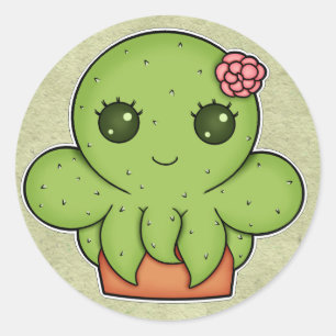 Pegatina Redonda Pulpo del cactus de Kawaii