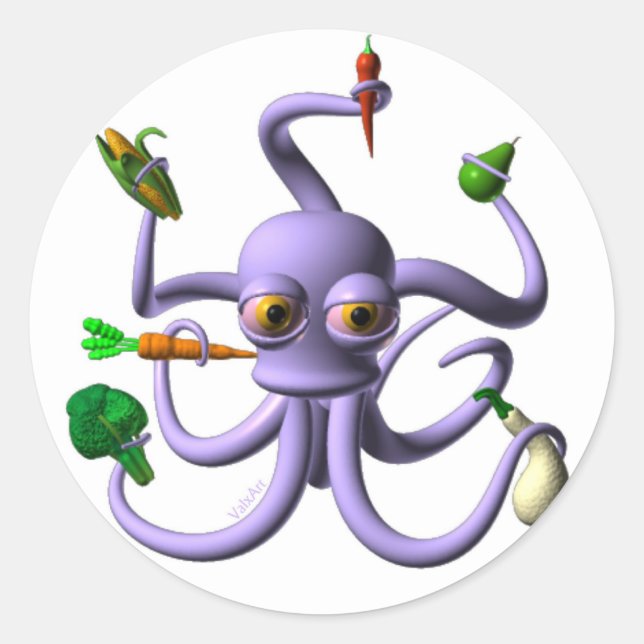 Pegatina Redonda Pulpo gracioso sosteniendo artículos de comida (Anverso)