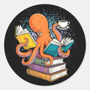 Pegatina Redonda Pulpo libro leyendo lector océano divertido