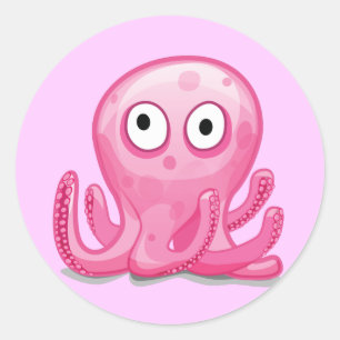 Pegatina Redonda pulpo rosa lindo tonto