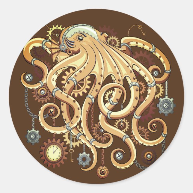 Pegatina Redonda Pulpo Steampunk Retro Fantasía Mecánica (Anverso)