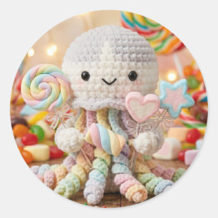 Pegatina Redonda Pulpo tejido adorable y tierra de dulces