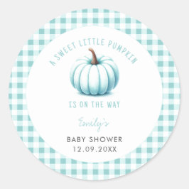 Pegatina Redonda Pumpkin Blue Gingham Plaid Boy Baby Shower