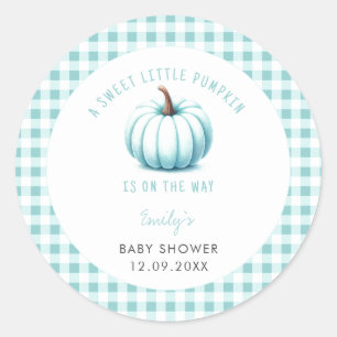 Pegatina Redonda Pumpkin Blue Gingham Plaid Boy Baby Shower
