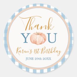 Pegatina Redonda Pumpkin Boho Blue Gingham Primer Cumpleaños Gracia