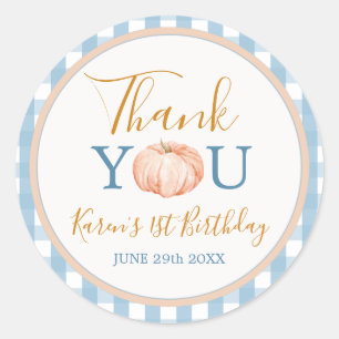 Pegatina Redonda Pumpkin Boho Blue Gingham Primer Cumpleaños Gracia