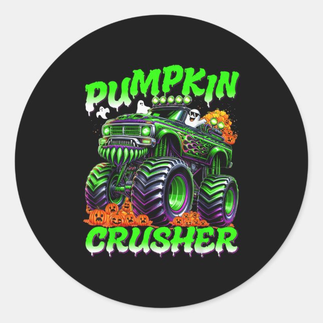 Pegatina Redonda Pumpkin Crusher Monster Truck Ghosts Halloween For (Anverso)