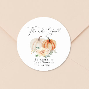 Pegatina Redonda Pumpkin Floral Watercolor Baby Shower Gracias