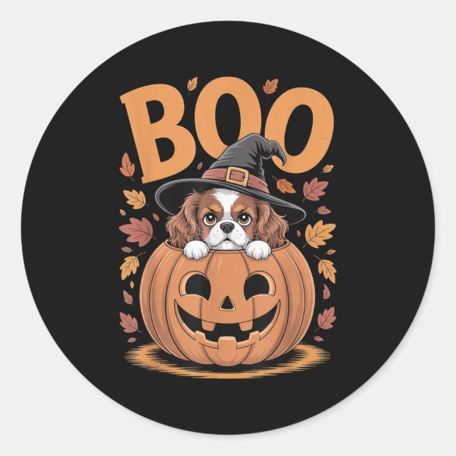 Pegatina Redonda Pumpkin Halloween Cavalier King Charles Spaniel  (Anverso)