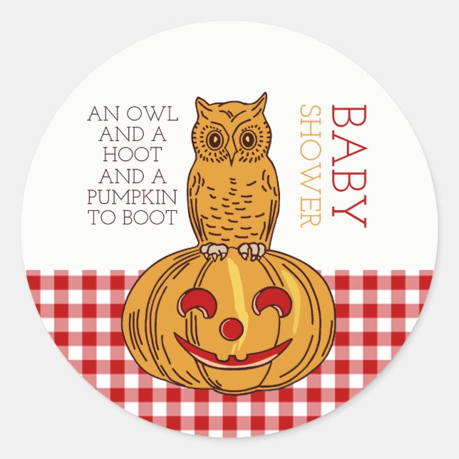 Pegatina Redonda Pumpkin Owl & Gingham Baby Shower (Anverso)