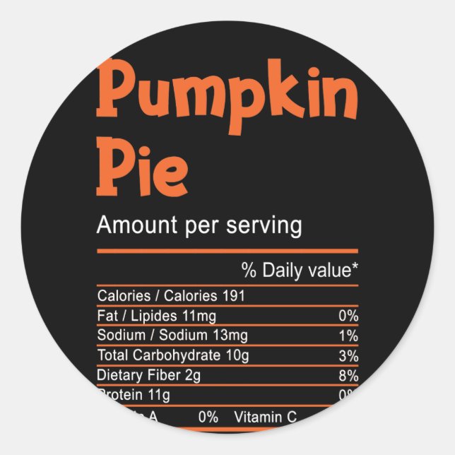 Pegatina Redonda Pumpkin Pie Nutrition Thanksgiving Christmas (Anverso)