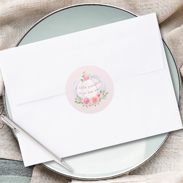 Pegatina Redonda Pumpkin Pink Floral Baby Shower (Subido por el creador)