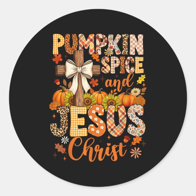 Pegatina Redonda Pumpkin Sce And Jesus Christ Funny Fall Christian  (Anverso)